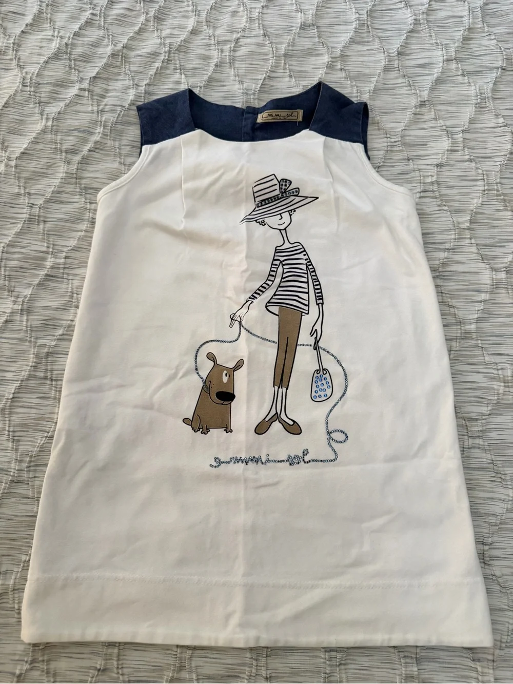 Mimi sol Girls White & Navy Graphic Shift Dress size 5-6 rhinestone dog print